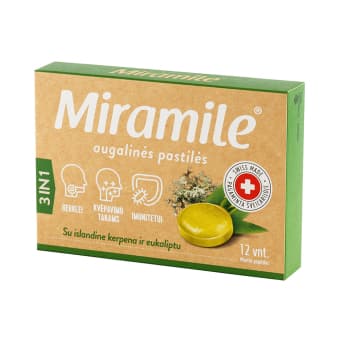 MIRAMILE® augalinės pastilės su islandine kerpena ir eukaliptu 3IN1, 12 vnt.