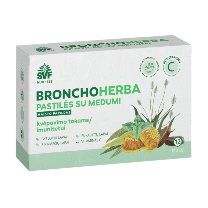 ŠVF BRONCHOHERBA pastilės su medumi, 12 pastilių