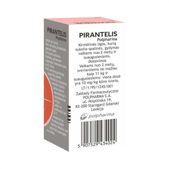 PIRANTELIS Polpharma 250 mg/5 ml geriamoji suspensija, 15ml, geriamoji suspensija, N1-2