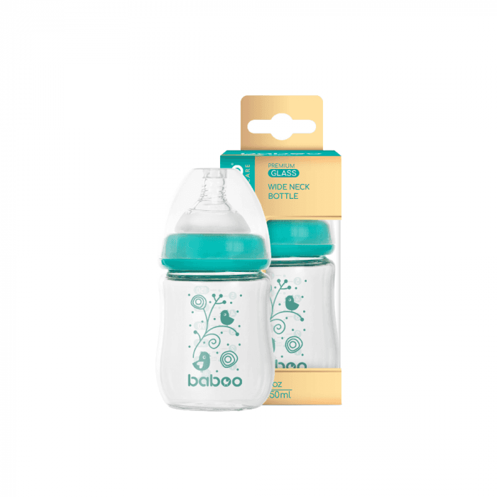 BABOO stiklinis buteliukas plačiu kakleliu, 150 ml, nuo 0+ mėn., 1 vnt.