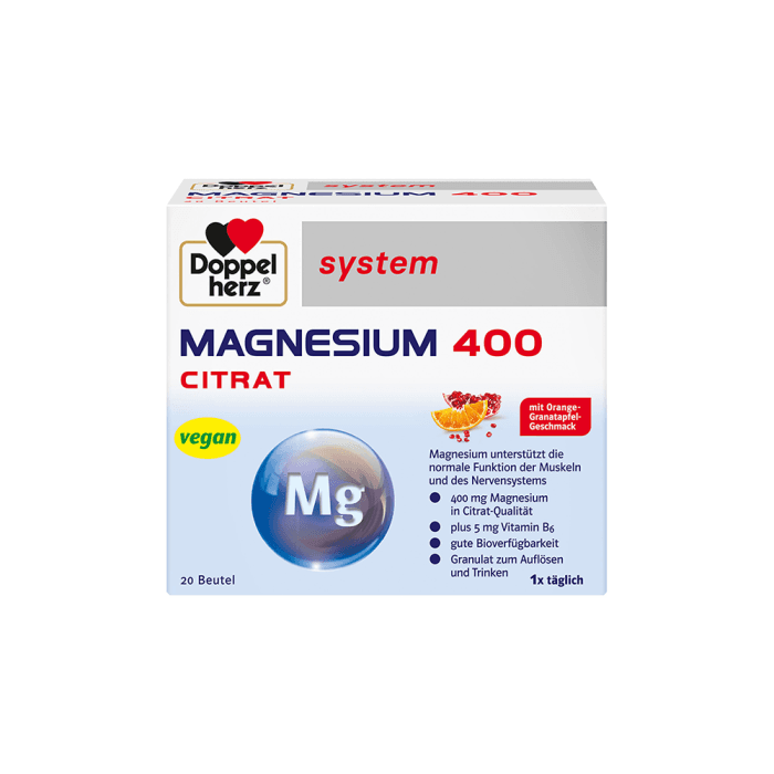 DOPPELHERZ SYSTEM MAGNESIUM CITRAT 400, apelsinų ir granatų skonio, 20 pakelių-1