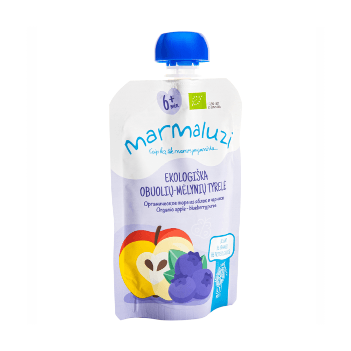 MARMALUZI ekologiška obuolių ir mėlynių tyrelė, nuo 6 mėn., LT-EKO-001, 90 g