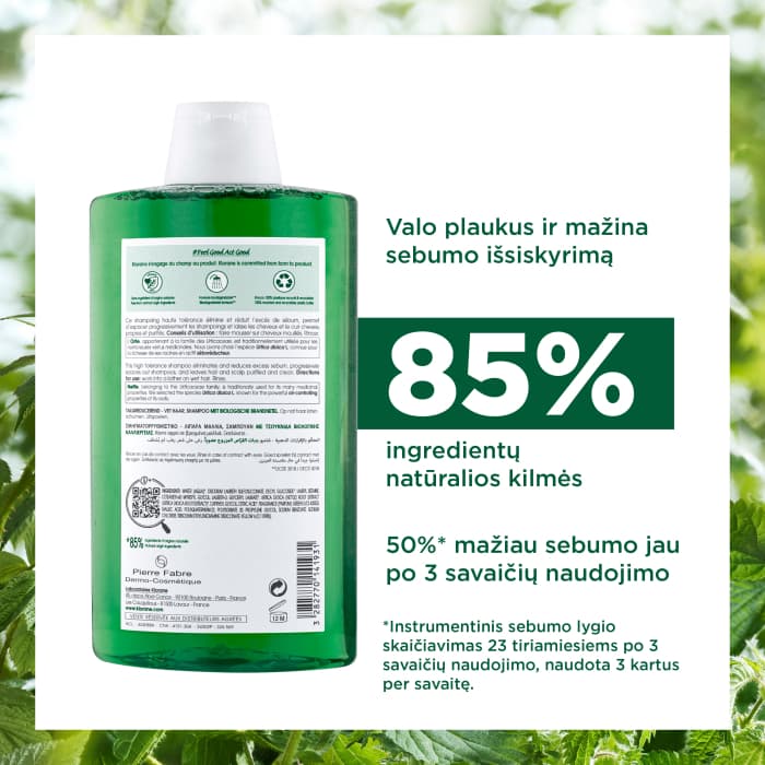 KLORANE šampūnas su dilgėlių ekstraktu riebiems plaukams, 400 ml-5
