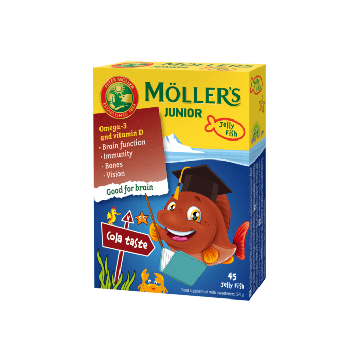 MÖLLER'S JUNIOR, kolos skonio, nuo 3 m., 45 kramtomosios tabletės