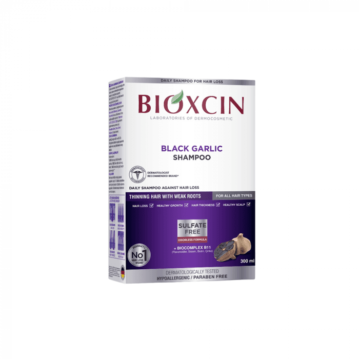 BIOXCIN šampūnas nuo plaukų slinkimo su juoduoju česnaku, 300 ml-3