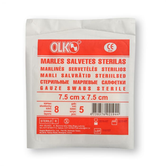 OLKO marlinės sterilios servetėlės, 7,5 cm x 5 cm, 5 vnt.-2