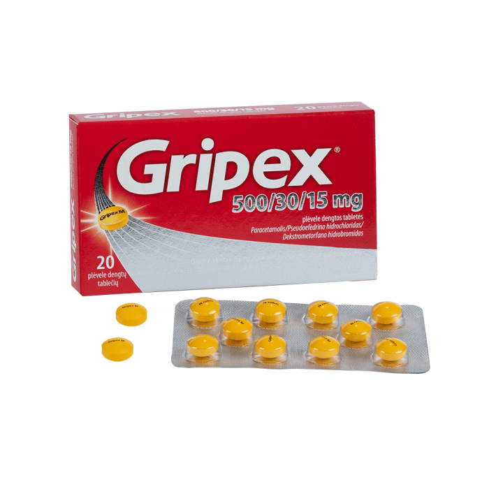 GRIPEX, 500mg/30mg/15mg, plėvele dengtos tabletės, N20-2