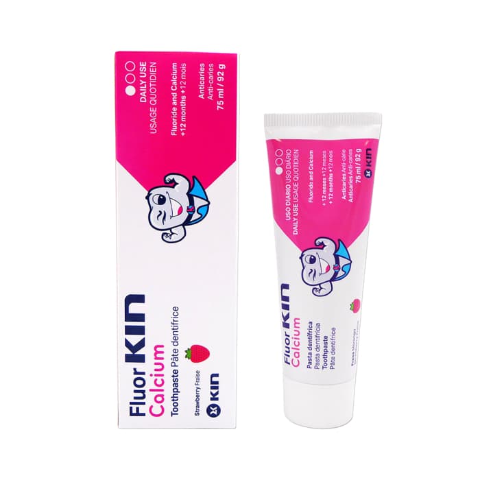 KIN dantų pasta vaikams FLUOR CALCIUM, braškių skonio, nuo 12 mėn., 75 ml