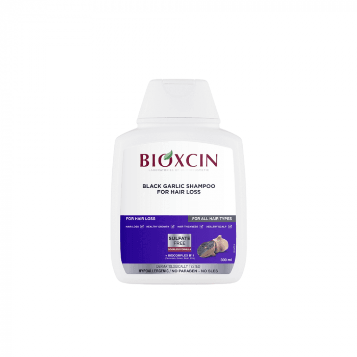 BIOXCIN šampūnas nuo plaukų slinkimo su juoduoju česnaku, 300 ml-2
